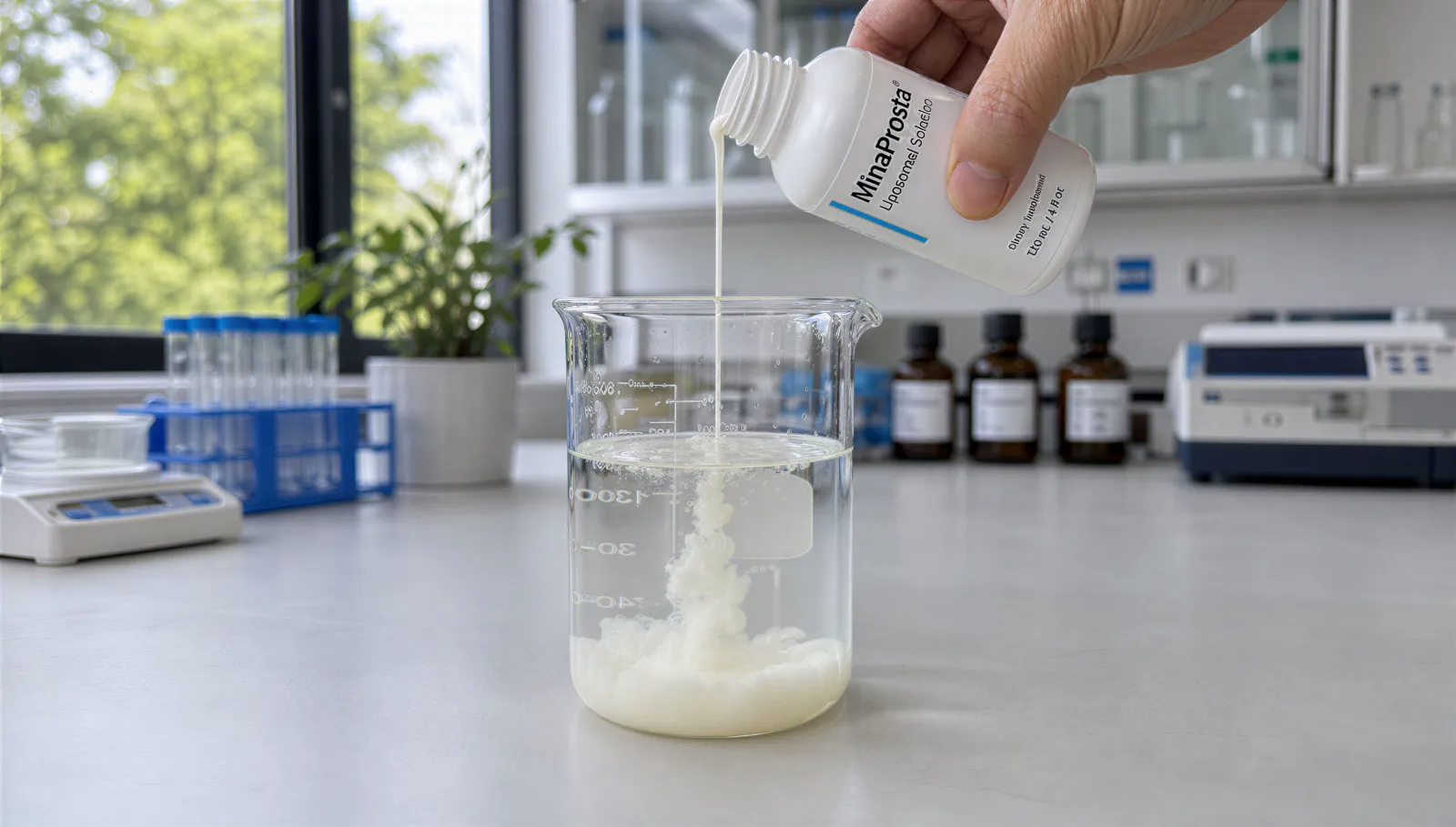 MinaProsta liquid formula being poured into water